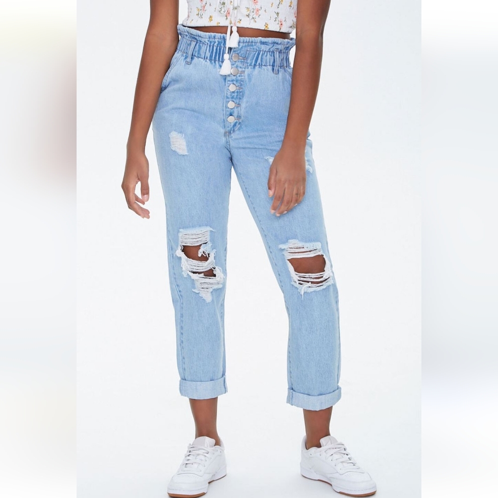 Forever 21 High-Waisted Distressed Paperbag Jeans in Light Denim